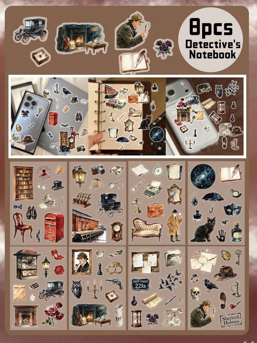 SCXXBSW 8pcs Detective Notebook Stickers (PET Material) Are Suitable For Decorating Diaries, Scrapbooks, Laptops, And Phone Cases. High-Quality And Perfect For Rewards And Holiday Gifts, Such As Christmas. - Sticker - View 1
