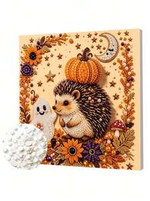 Framed DIY Pearl Painting Kit, Hedgehog & Ghost Pumpkin Fall Bead Art, Harvest Home Wall Decor - A - View 5