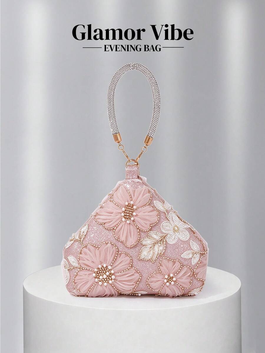 晚宴亮片手拿包，亮片刺繡工藝，3D花卉（隨機圖案），婚禮必需品，情人節禮物，適用於婚禮、度假、畢業季、晚宴及其他正式場合，亦可作為日常穿搭的多功能配件，百搭風格