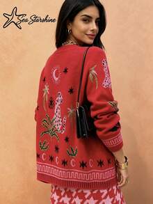 Women's Casual/Commute Sun Hat, Leopard Print Long Sleeve Crew Neck Cardigan With Amber Buttons, Autumn/Winter Red Fall - Red - View 3