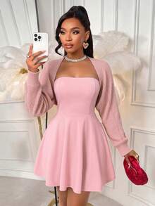 Women's Pink Strapless Mini Dress With Knitted Cropped Cardigan, Sexy Cute Party Two Pieces Outfit For Fall - Pink - View 9