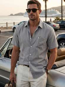 Men's Summer/Autumn Breathable Comfortable Short Sleeve Linen Button-Down Shirt, Single Pocket Design, Breathable Fashion, Suitable For Beach Vacation, Back To School Season, And Casual Daily Wear - Grey - View 1