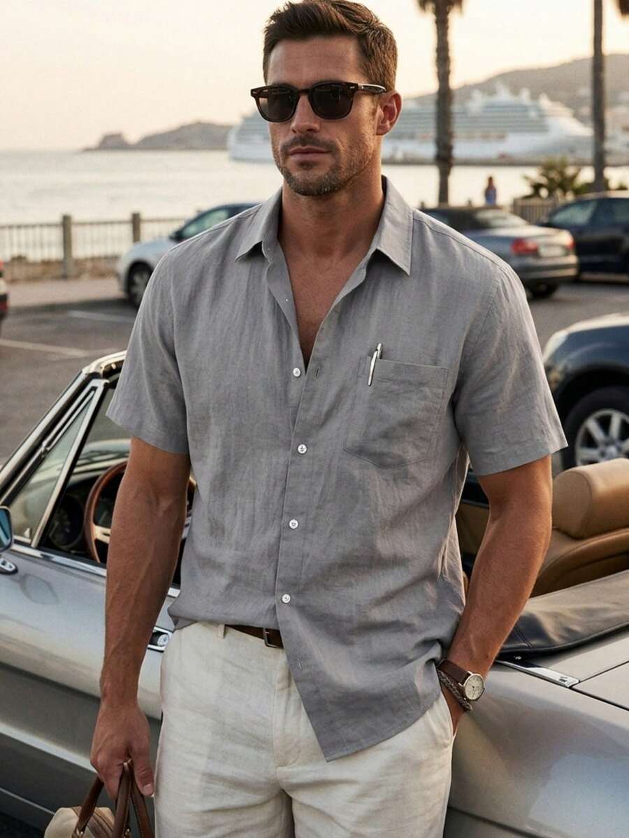 Men's Summer/Autumn Breathable Comfortable Short Sleeve Linen Button-Down Shirt, Single Pocket Design, Breathable Fashion, Suitable For Beach Vacation, Back To School Season, And Casual Daily Wear - Grey - View 1