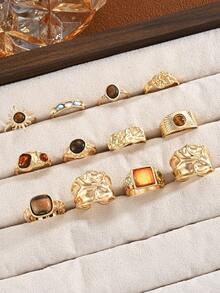 12pcs Fashion Minimalist Elegant Exquisite Vintage Design Colorful Rhinestone Sparkling Faux Tiger Eye Starburst Geometric Ribbon Asymmetrical Pleated Textured Metallic Style Chunky Rings Multi-Piece Set Stackable Holiday Vacation Party Date Gift Daily Wear Personalized - Yellow Gold - View 2
