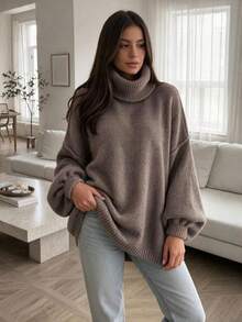 SEREN New Autumn/Winter High-Neck Sweater, Loose Oversized Casual Long-Sleeve Knit Top, Perfect For Daily Wear - Olive Brown - View 2