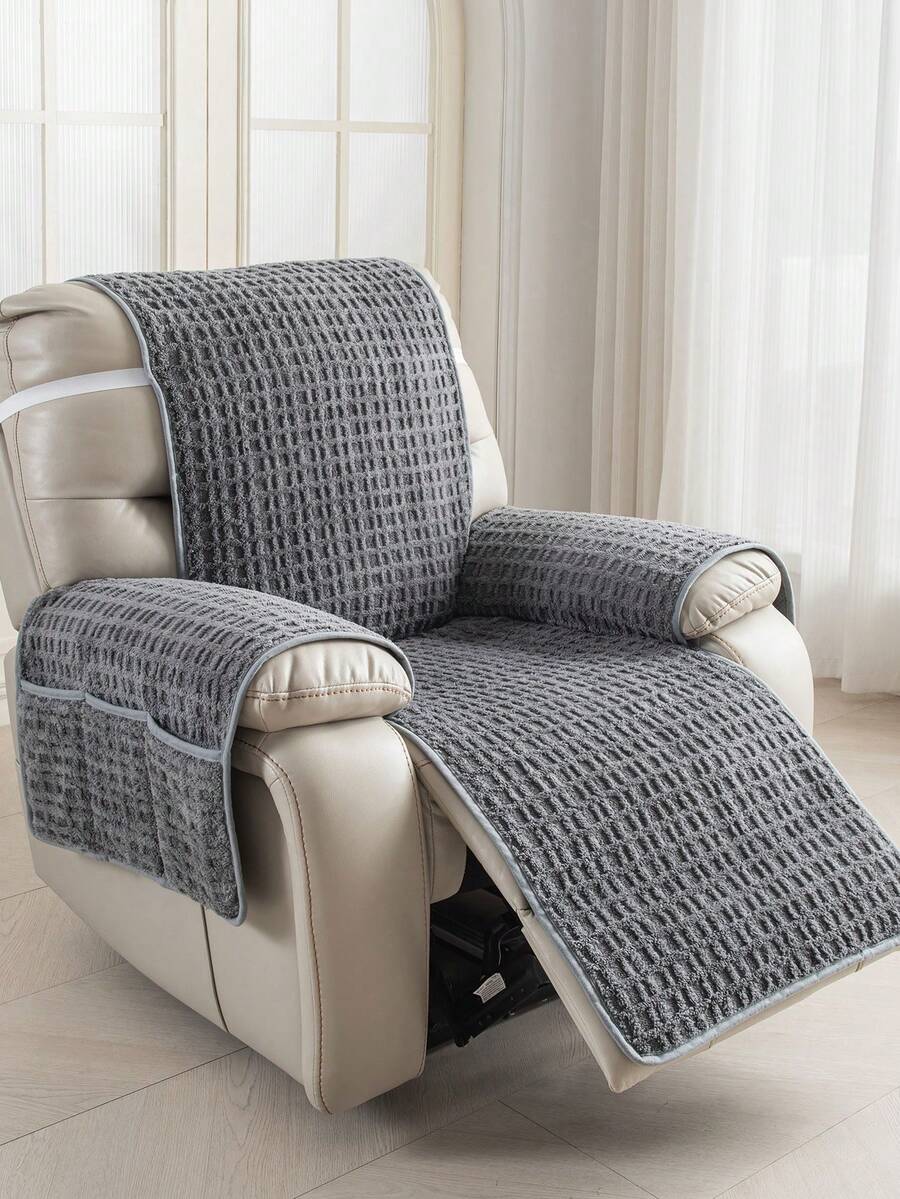 1pc Thick Waffle Recliner Sofa Cover With Side Pocket Anti-Slip Sofa Slipcover For Living Room Pet Stain Protection 4-Season Recliner Chair Cover Autumn Home Decor Home Decoration - Dark Grey - View 1