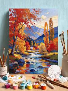 DIY Paint By Numbers Kit, Autumn Mountain Forest Stream Landscape Oil Painting, Hand Painted Painting Kit, Home Wall Decor Gift - A - View 1