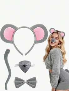 4pcs Cute Mouse Ear Headband + Tail + Nose + Bow Cosplay Accessory Set,Halloween - Grey - View 6