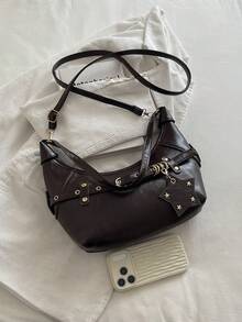 Women's Vintage Faux Leather Shoulder Bag, Rivet Belt Decor Underarm ...