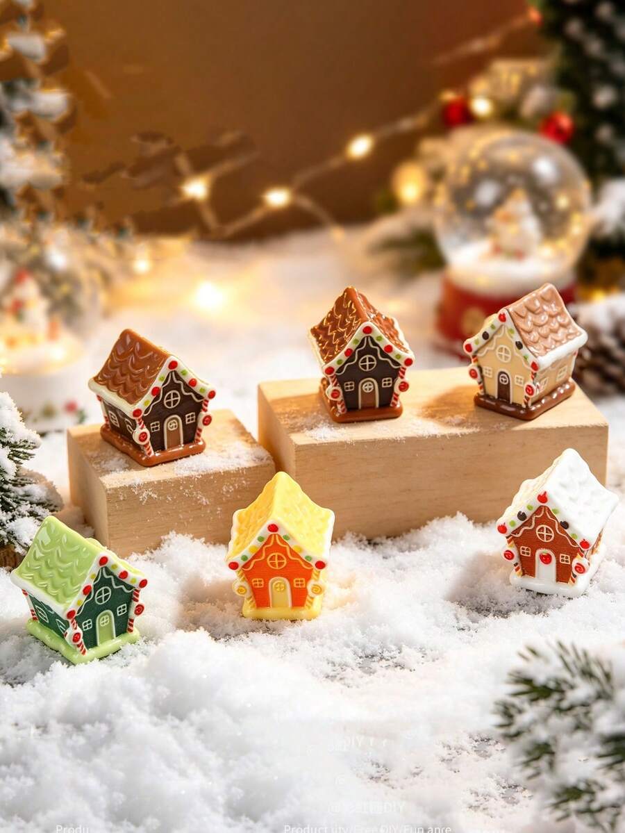 6pcs/Set Mini Christmas House Model Decor, Resin Snow House Accessories, Suitable For Desktop Potted Plants, Terrarium, Home Decor, Party Decoration, Can Be Used As Halloween Gift - A - View 1