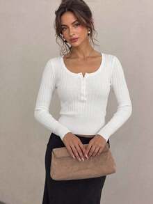 SUNSTORY Sweater Rajut Pendek Kancing Henley Leher Bulat Pas Badan Warna Solid Musim Gugur, Atasan Serbaguna Wanita untuk Jalan-jalan, Perjalanan, dan Pesta Natal - Putih - View 7