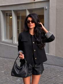 Elegant Round Neck Regular Sleeve Short Woven Women's Jacket With Contrast Color Cuffs, Faux Pockets And Gold Buttons, Ideal For Winter Outfits - Black - View 2