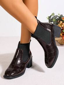 PWIIMG Women's Autumn/Winter Brown Chelsea Boots, Round Toe, Square Heel, Boots, Crocodile Embossed Ankle Boots, Suitable For Daily Wear, Commuting, Office - Brown - View 5