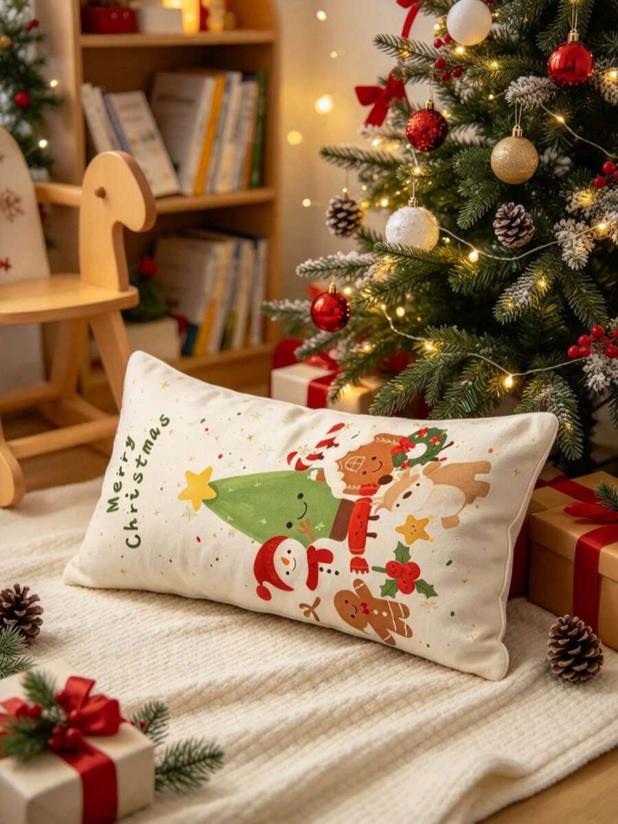 1PC Christmas Long Pillow Cover, Cute Cartoon Christmas Tree Snowman Gingerbread Man And Elk Pattern, Double-Sided Printing, Cushion Cover, Suitable For Sofa, Bench, Bed, Living Room, Bedroom And Home Decoration(Excluding Pillow Core) - Multicolor - View 1