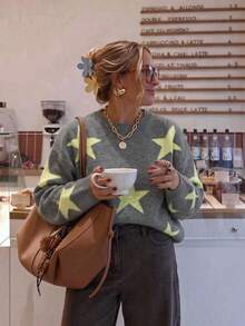 American Casual Style Colorblock Large Star Jacquard Knit Top Women's Loose Long Sleeve Pullover Sweater Round Neck Dropped Shoulder All-Over Pentagram Jacquard Texture Soft Skin-Friendly Breathable Knit Fabric Early Autumn Casual Top - Dark Grey - View 9