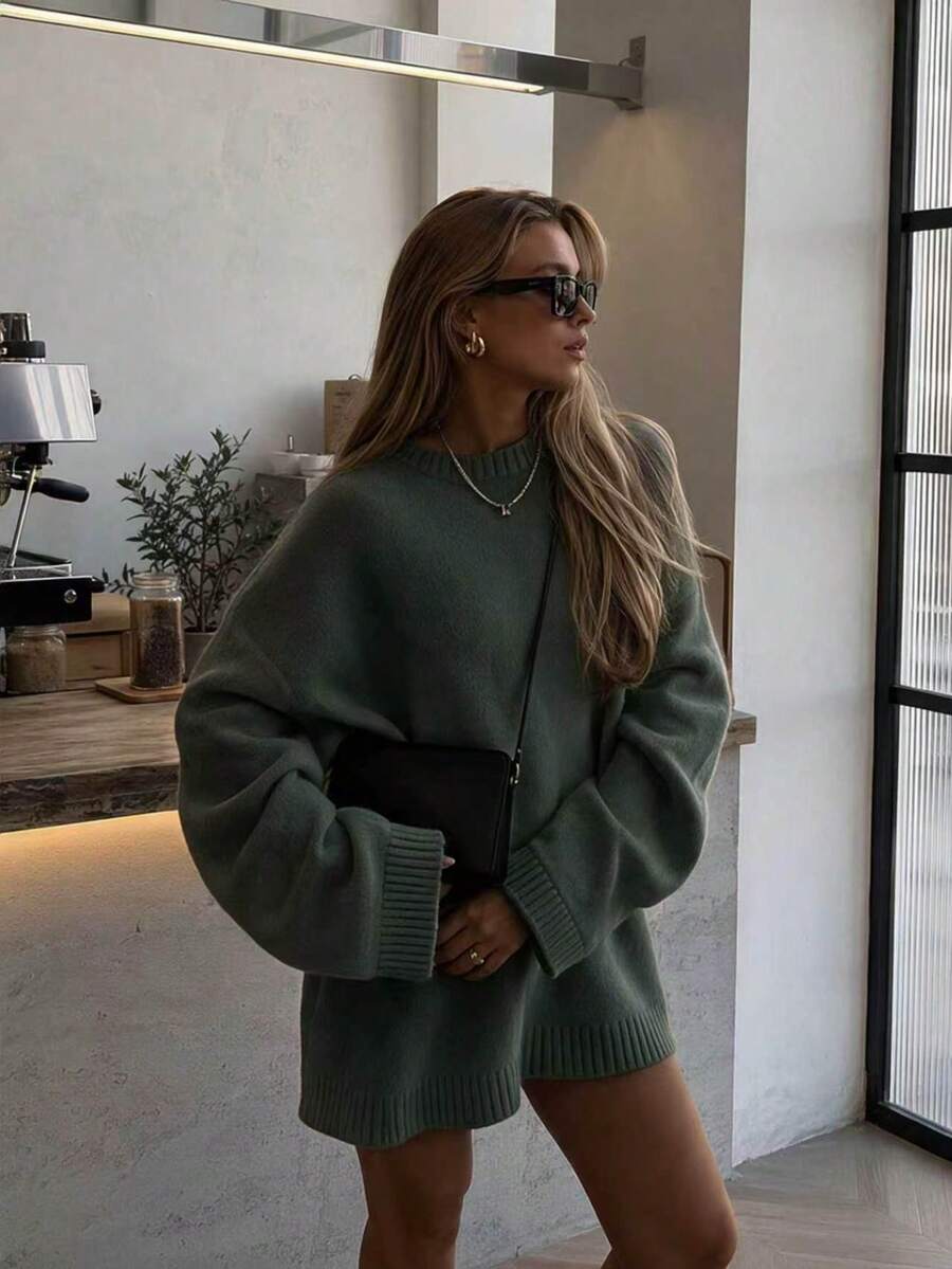 Women's New Minimalist Versatile Casual Dropped Shoulder Long Sleeve Sweater - Dark Green - View 1