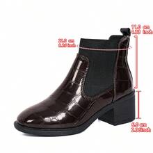PWIIMG Women's Autumn/Winter Brown Chelsea Boots, Round Toe, Square Heel, Boots, Crocodile Embossed Ankle Boots, Suitable For Daily Wear, Commuting, Office - Brown - View 2