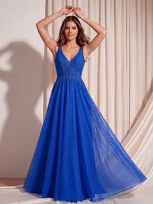 Women's Shiny Sequin Embroidered Party Dress, Handmade Beaded Lace Evening Gown, A-Line Lace-Up Tank Style Prom Dress, Teen Student Party Dress - Royal Blue - View 12