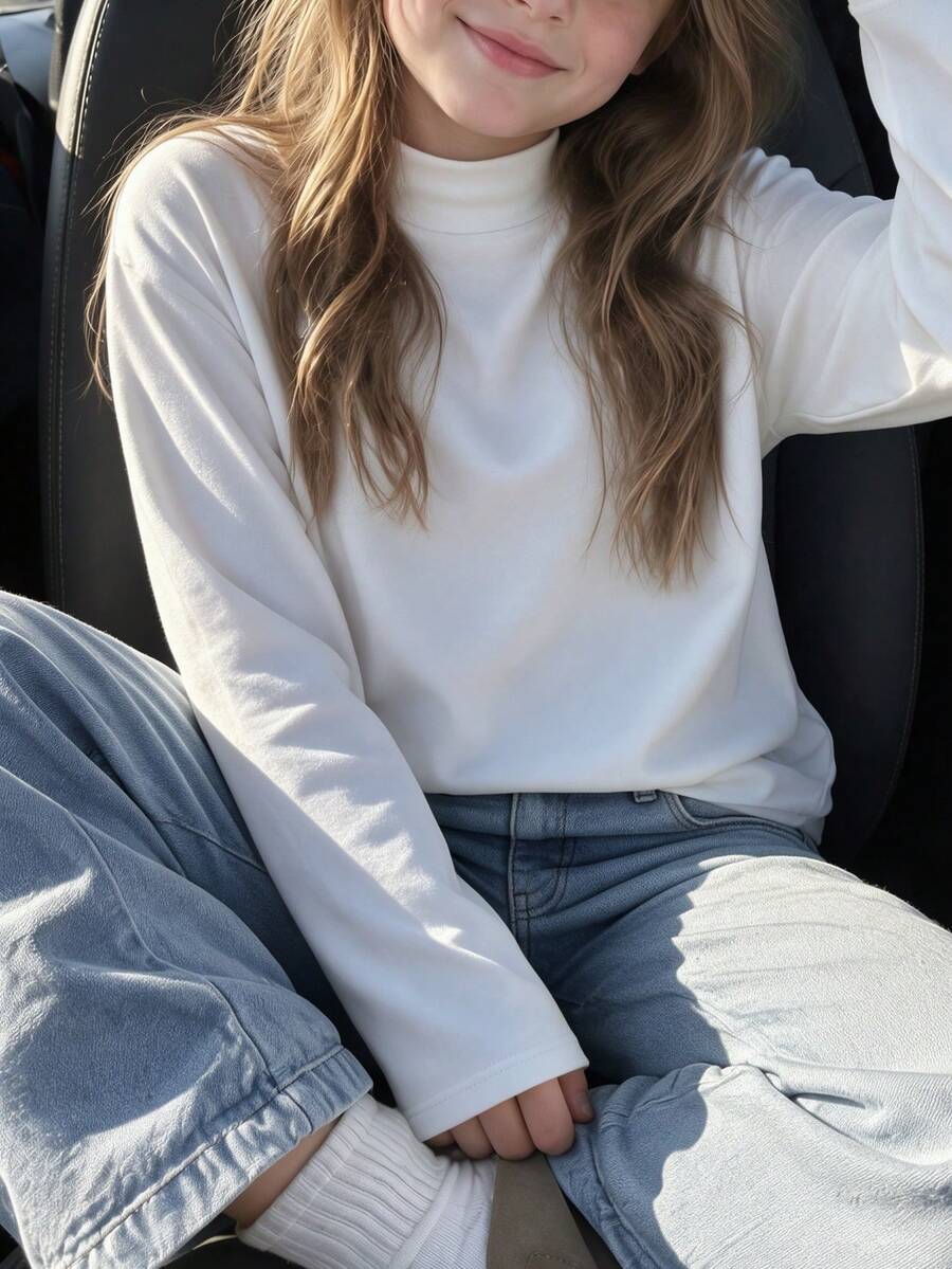Girls' Faux Collar Long Sleeve T-Shirt, Slim Fit Solid Color Basic Casual T-Shirt For Autumn - White - View 1