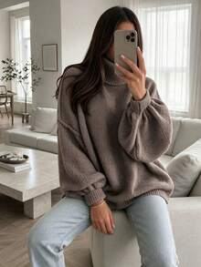 SEREN New Autumn/Winter High-Neck Sweater, Loose Oversized Casual Long-Sleeve Knit Top, Perfect For Daily Wear - Olive Brown - View 7