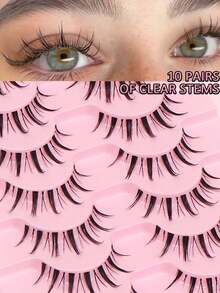 10 Pairs Doll-Like Natural False Eyelashes - Transparent Stem Cartoon Lashes, Fairy-Style Design, Perfect For Cosplay - Reusable - Black - View 2