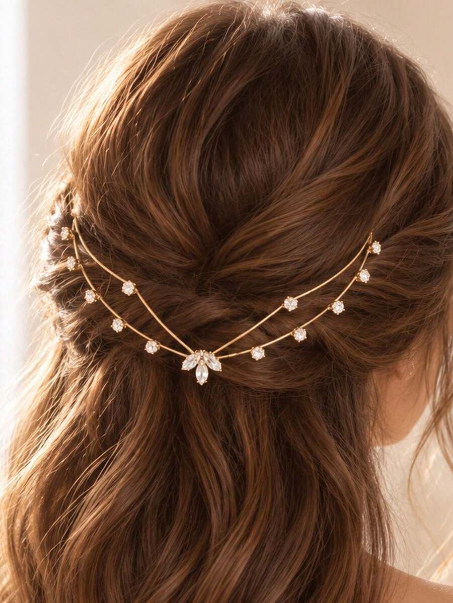 outingfit 1pc V-Shaped Double-Layer Rhinestone Hair Comb Headband, Elegant Bridal Evening Party Hair Accessory - Gold - View 1