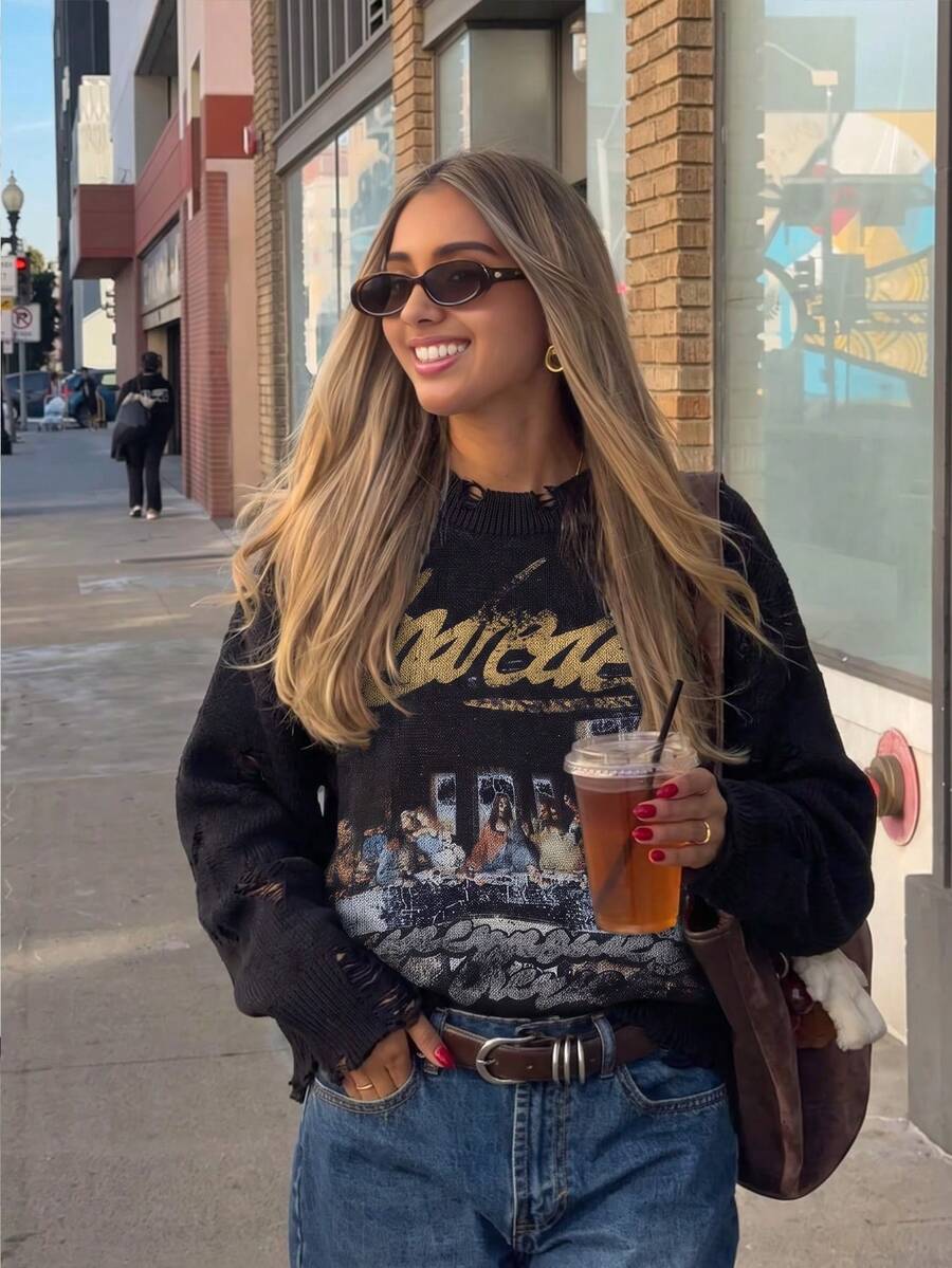 Women's Round Neck Long Sleeve Sweater Street Fashion Print Hem Distressed Thick Knit Top Autumn/Winter - Black - View 1