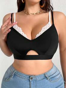 Plus Size Lace Patchwork 2 In 1 Bra, Contrast Color Hollow Out Lingerie, Soft Support, Versatile Charming Women's Bra - Black - View 5