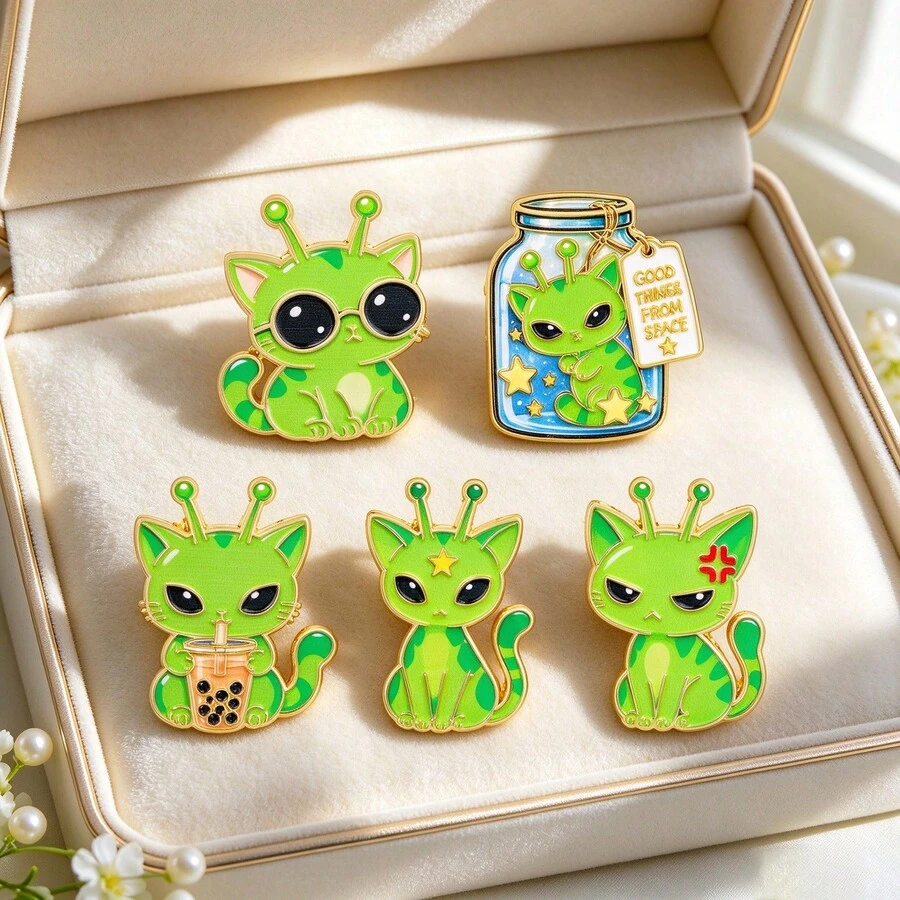 Cartoon Alien Cat Enamel Pin, Green Space Kitty Metal Brooches, Cute Halloween Lapel Badges For Jackets Backpack Hat, Novelty Gift For Man Women
