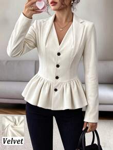 Women's Autumn/Winter Office Daily High-Quality Solid Color Collar Design Waist-Cinching Ruffle Hem Long Sleeve Blazer - White - View 3
