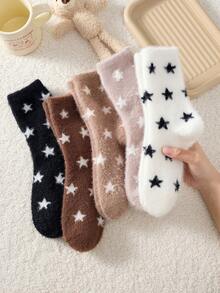 2 Pairs White And Pink Fuzzy Mid-Calf Socks For Women, Heart Pattern Warm Socks, Soft And Comfortable, Random Color - Multicolor - View 5
