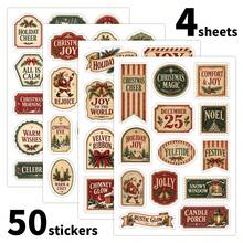 50pcs/4sheets Vintage Christmas Stickers - Holiday Phrase Word Stickers With Santa Claus, Xmas Tree, Holly & Festive Designs - Christmas Stickers For Scrapbooks, Journals, Gift Wrapping And DIY Crafts - Multicolor - View 3