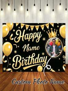 Customizable Photo & Name Black Gold Balloon Happy Birthday Backdrop, Gold Crown, Five-Pointed Star, Ribbon Pattern Decoration, Suitable For Birthday Party Cake Table Background Decor, Photography Banner Vinyl - Black - View 2