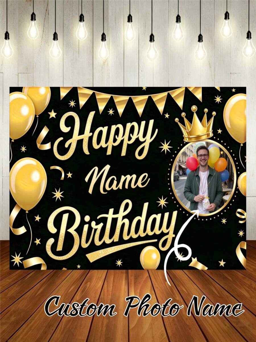 Customizable Photo & Name Black Gold Balloon Happy Birthday Backdrop, Gold Crown, Five-Pointed Star, Ribbon Pattern Decoration, Suitable For Birthday Party Cake Table Background Decor, Photography Banner Vinyl
