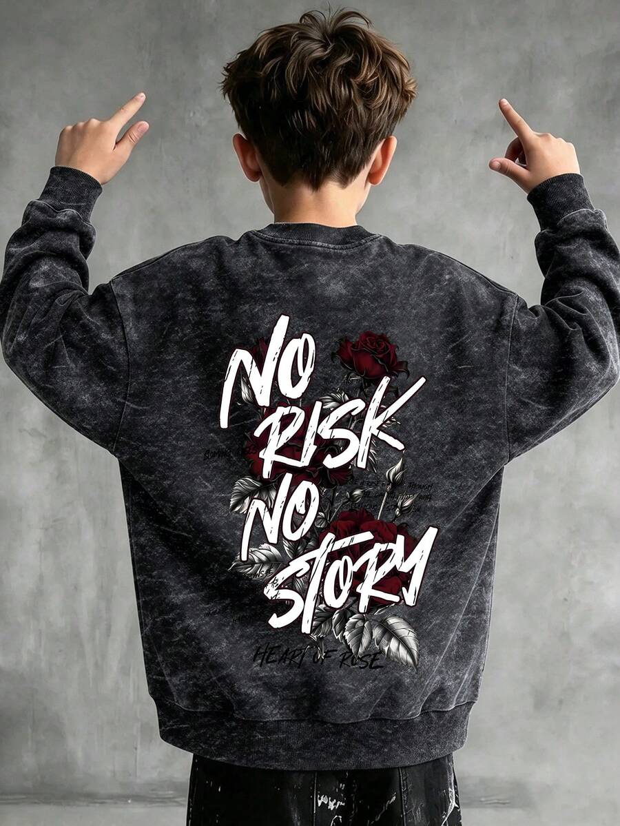 1pc Tween Boy Round Neck Sweatshirt, Printed With Roses And English Text, Comfortable Autumn/Winter Vintage Style Top - Black - View 1