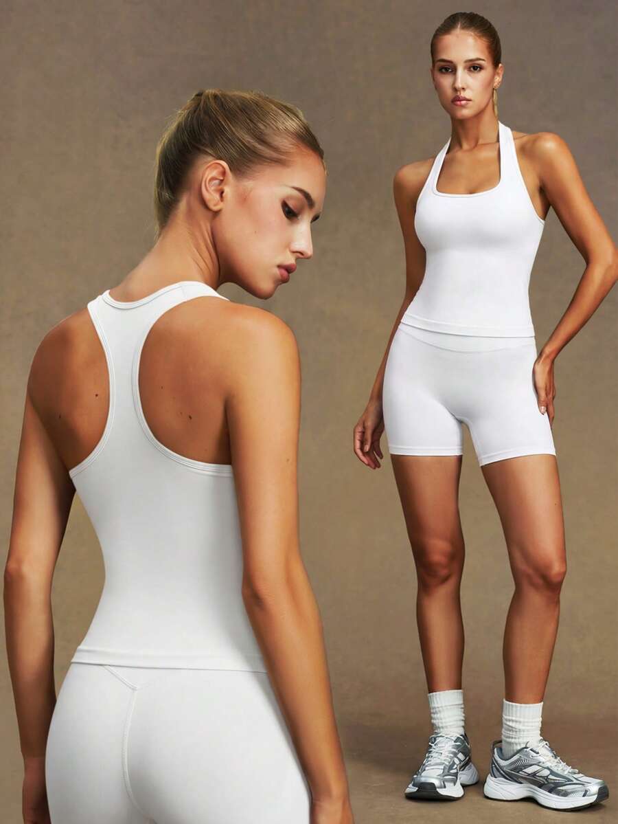 VVX Women Halter Neck Yoga Tank Tops Racerback Removable Pads Sexy Backless Workout Gym Top Casual Solid Color Soft For Gym Daily Wear