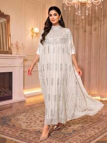 Elegant White Arabic Style Dress With Jeweled Stand Collar And Cape Sleeves, High Elastic Fabric Suitable For Formal Occasions - White - View 4