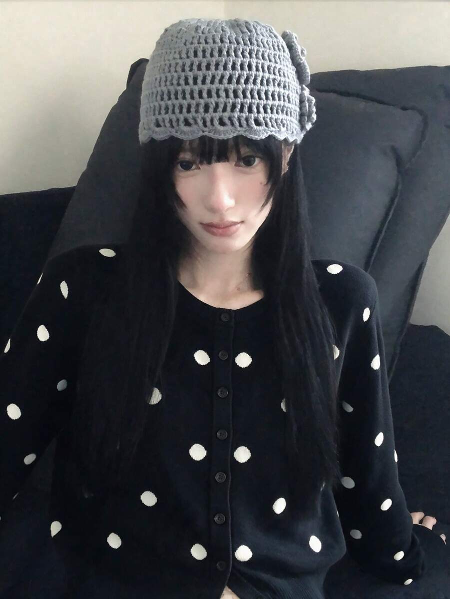 Japanese Style Polka Dot Black Knit Cardigan, Autumn/Winter - Black - View 1