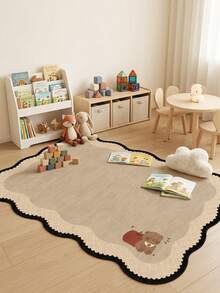 1PC Khaki Bear & Apple Pattern Game Room Rug, Japanese Cartoon Cute Cozy Faux Cashmere Wavy Beaded Edge Machine Washable Area Rug, Suitable For Daily Home/Birthday Party/Autumn Large Size Floor Mat, Aesthetic Home Decor - Multicolor - View 2
