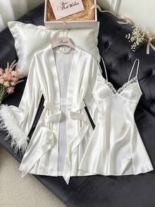 2pcs Women's Satin Comfortable Pajama Set, Adjustable Strap Lace Patchwork Sun Dress Style Nightgown, Sexy Solid Color Sleepwear Set - White - View 4