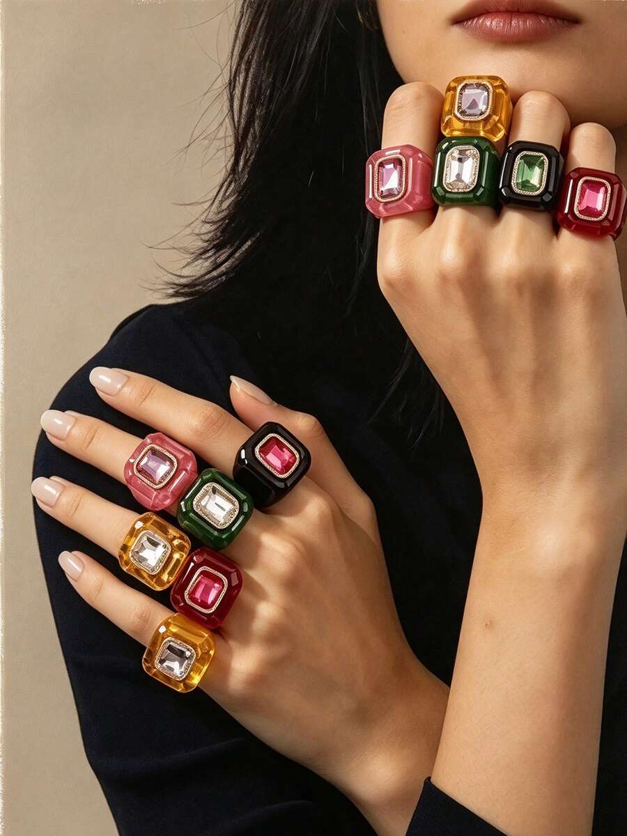 Random 5pcs/3pcs/1pc Colorful Asymmetric Acrylic Crystal Resin Rings, Exaggerated Oversized Candy Color Transparent Bubble Finger Rings, Fashionable Personalized Spring Party Jewelry, Y2K Millennium Style Accessories - Irregular Square - View 1