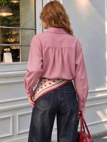Women Fall Elegant Red Gingham Loose Long Sleeve Shirt, Collared Button Down Oversized Blouse, Back To School Halloween Casual Tops - Red and White - View 2