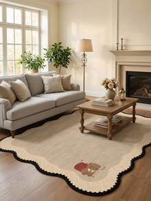 1PC Khaki Bear & Apple Pattern Game Room Rug, Japanese Cartoon Cute Cozy Faux Cashmere Wavy Beaded Edge Machine Washable Area Rug, Suitable For Daily Home/Birthday Party/Autumn Large Size Floor Mat, Aesthetic Home Decor - Multicolor - View 4