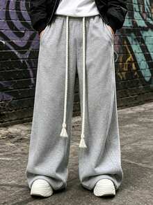 HEYKESON Men's 3D Side Seam Wide Leg Sweatpants, Thick Cable Knit Tassel Drawstring Elastic Waist Loose Casual Long Pants - Light Grey - View 5