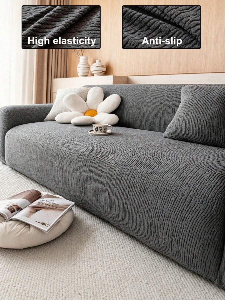 1pc Classic Elastic Fitted Sofa Cover, With T-Shaped Pillow Design, Machine Washable Polyester Slipcover With Antibacterial And Soft Properties, Suitable For Single/Double/3-Seat/4-Seat Sofa, Holiday Decor - Dark Grey - View 1