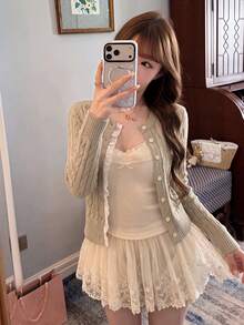 Soft Gentle Style Ruffle Trim Cable Knit Cardigan, Round Neck Contrast White Trim Short Cable Knit Jacket, Slim Fit Long Sleeve For Young Women, Spring Autumn Date Commute Outfit, Soft Textured Knit Slimming Cardigan For Women 18-35 - Khaki - View 2