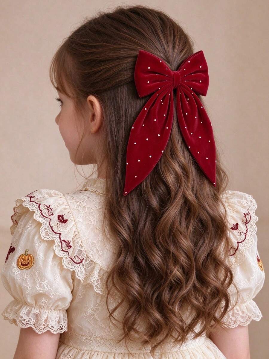 4/2入紅色純色大蝴蝶結燕尾髮夾 女孩用時尚兒童髮飾聖誕髮飾女孩禮物 - 彩色 - 查看 1