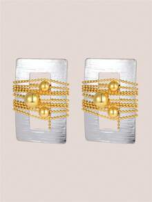 Valisandre 1 Pair Retro Two Tone Rectangle Beaded Drop Earrings, European Style Women's Jewelry, Perfect For Party, Travel, Vacation And Daily Wear - Gold - View 1