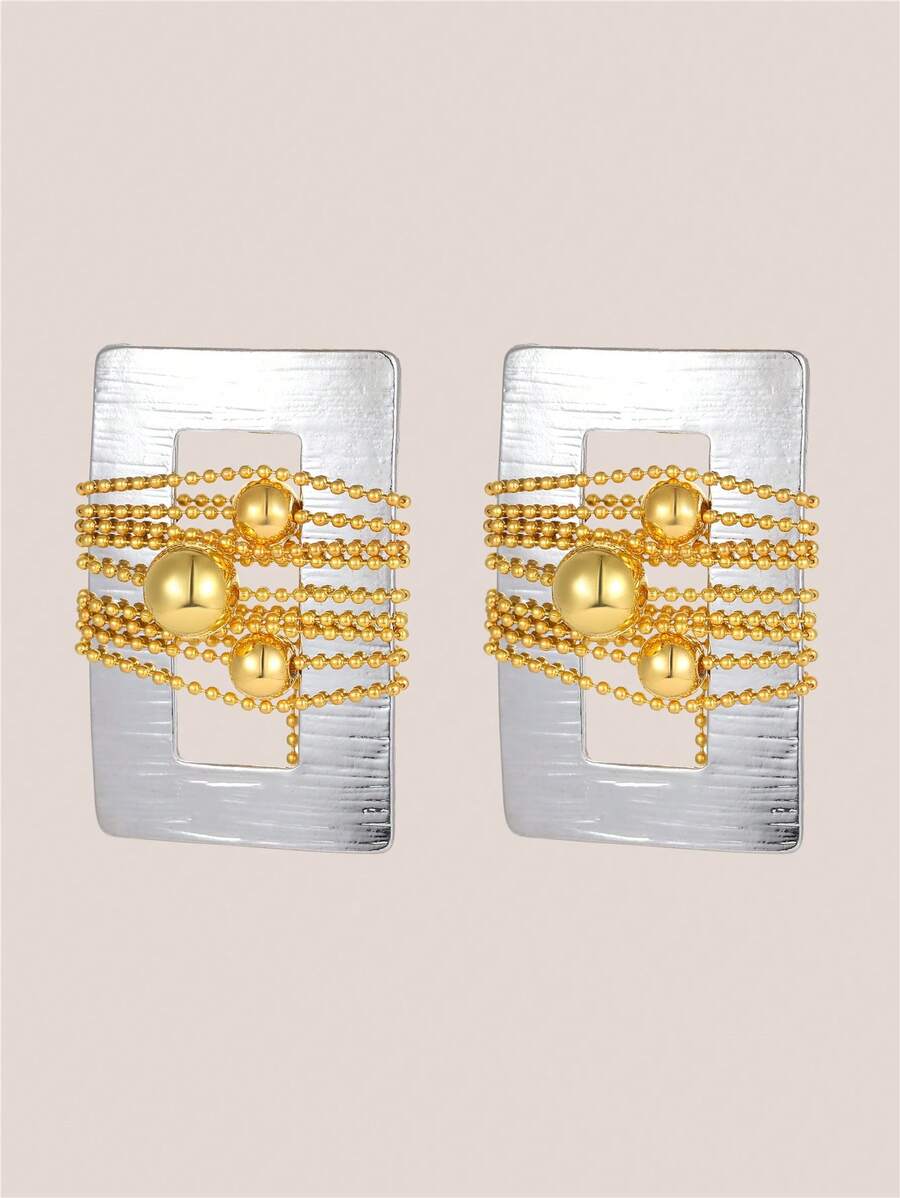 Valisandre 1 Pair Retro Two Tone Rectangle Beaded Drop Earrings, European Style Women's Jewelry, Perfect For Party, Travel, Vacation And Daily Wear - Gold - View 1