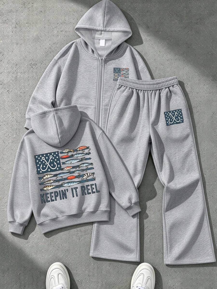 2pcs/Set Teen Boys Hoodie & Wide Leg Pants Set, Fish And Hook Print, Casual Comfortable Autumn/Winter New Outfit - Grey - View 1